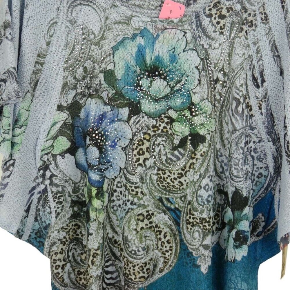 Cactus Top Tunic Women Size Small Floral Sequined Winged Sleeve Blue Multi - Picture 3 of 4